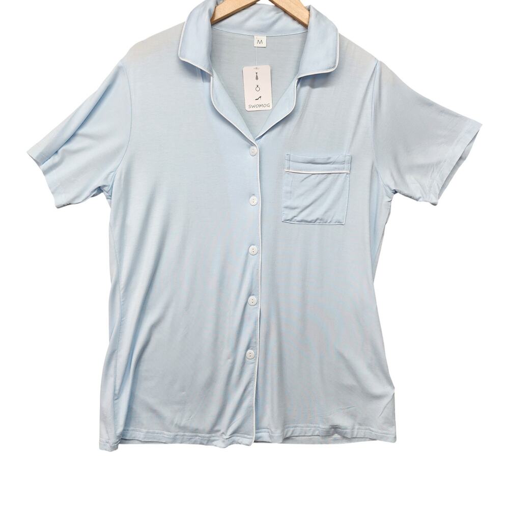 NWT SWOMOG Womens M Blue Button Down Pajama Set Shorts Soft Sleepwear Loungewear - Picture 3 of 14